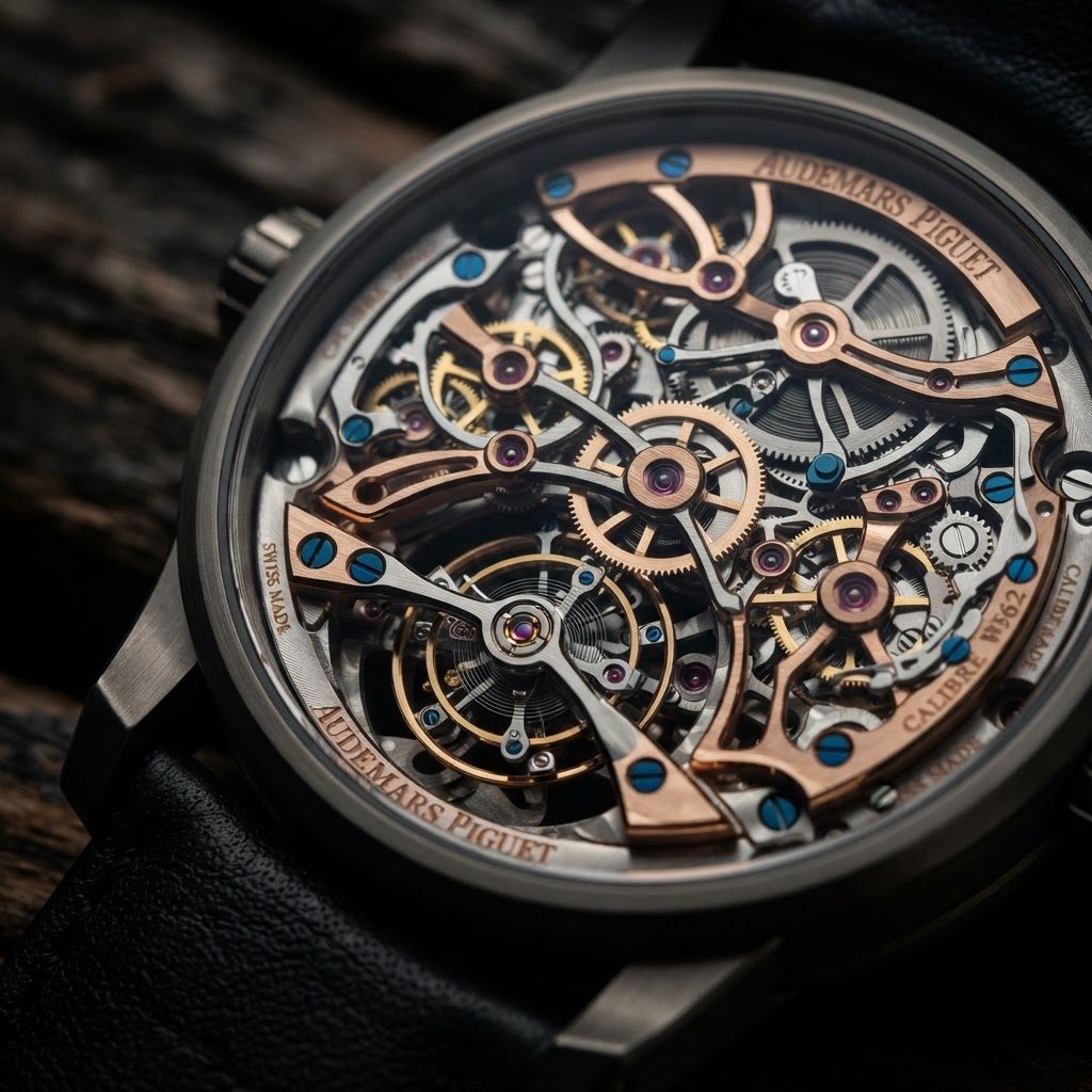 Intricate skeleton tourbillon watch movement with exposed gears