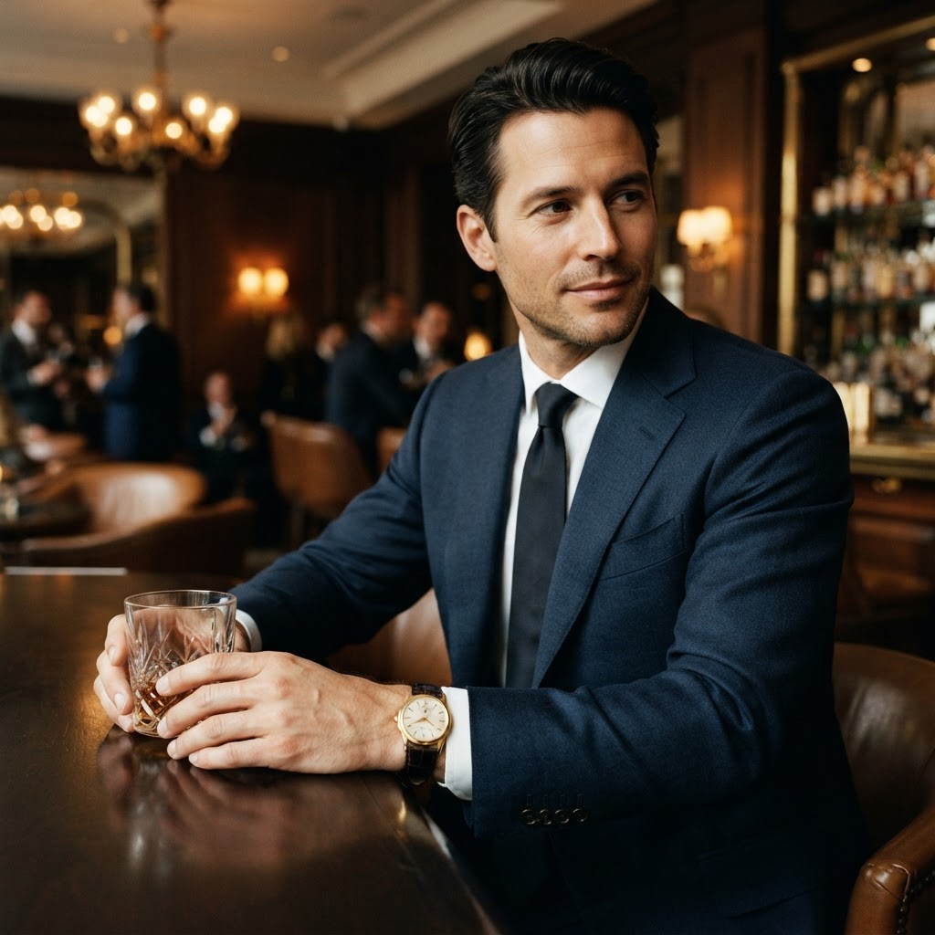 Gold luxury dress watch worn on the wrist with a tailored dark suit