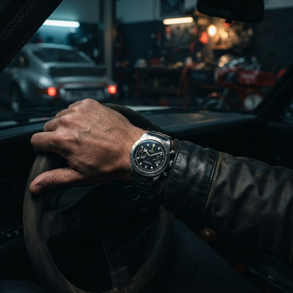 Steel sports chronograph watch on a wrist against a moody dark background