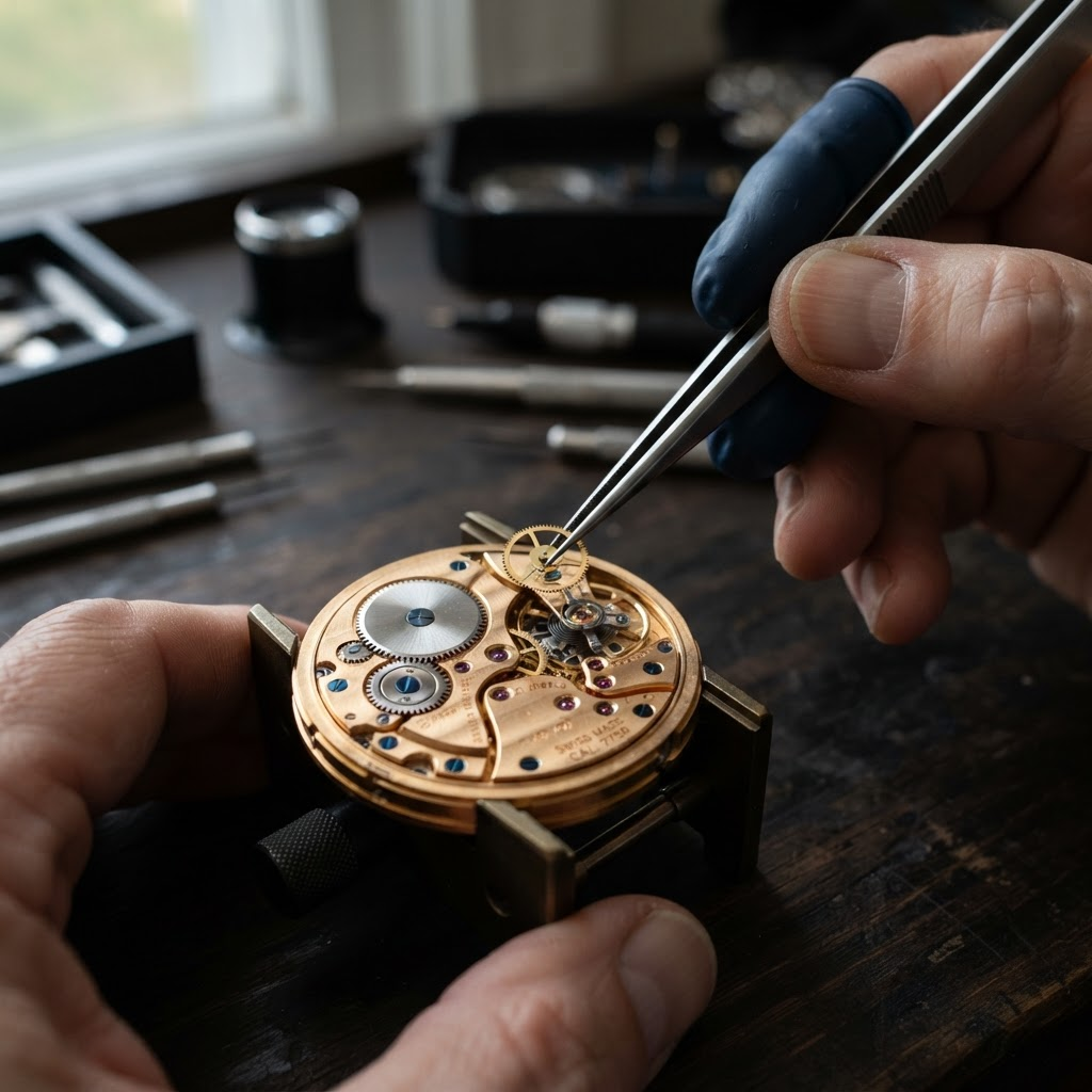 Watchmaker placing a tiny gear into an exposed mechanical watch movement with tweezers
