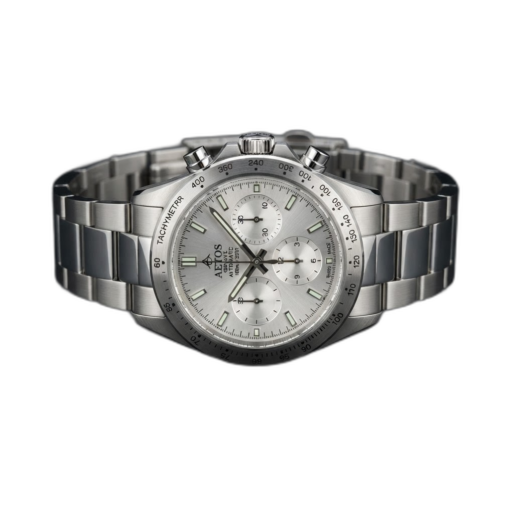 Stainless steel luxury sports chronograph watch with silver dial and steel bracelet