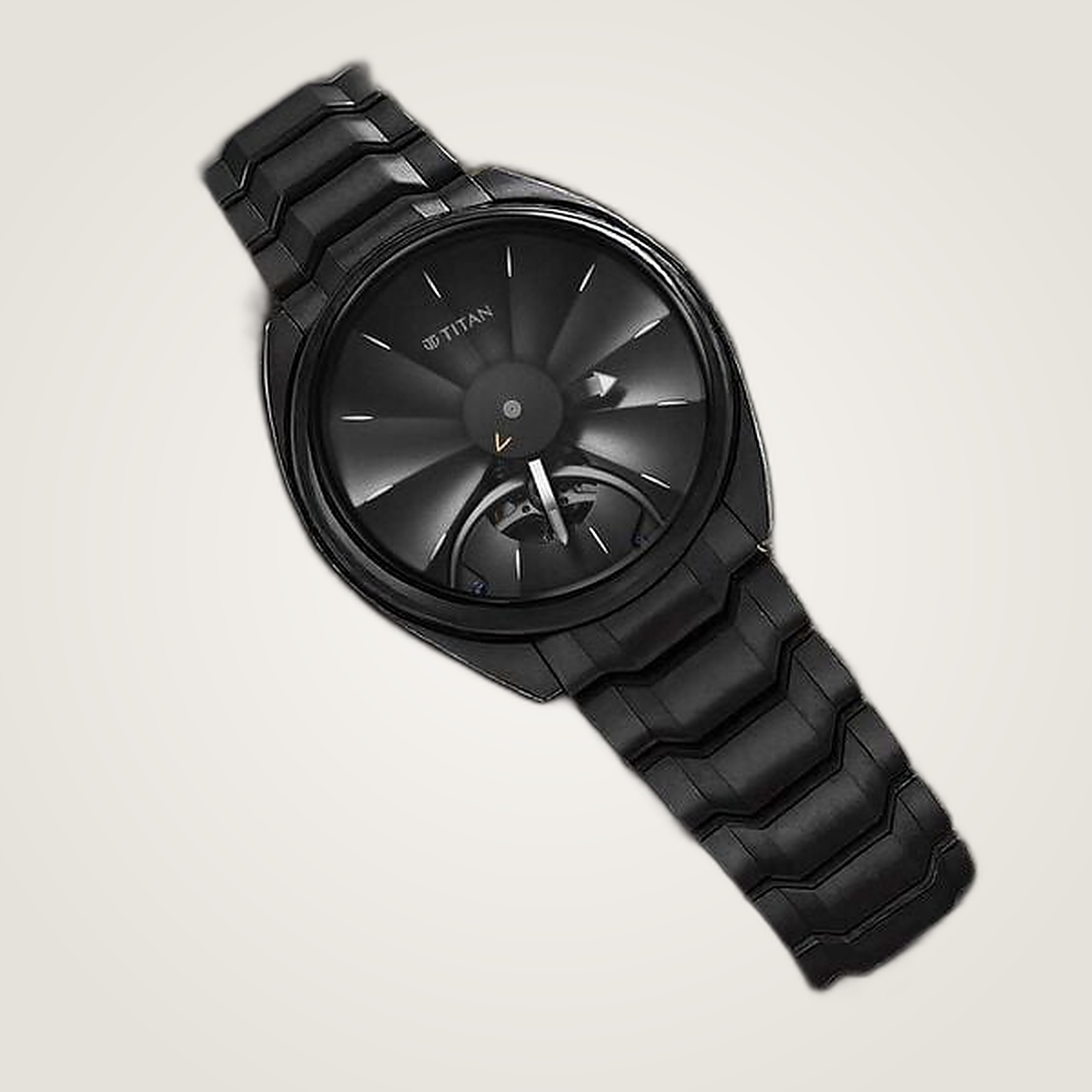 Titan black skeleton automatic watch with exposed balance wheel on a black steel bracelet