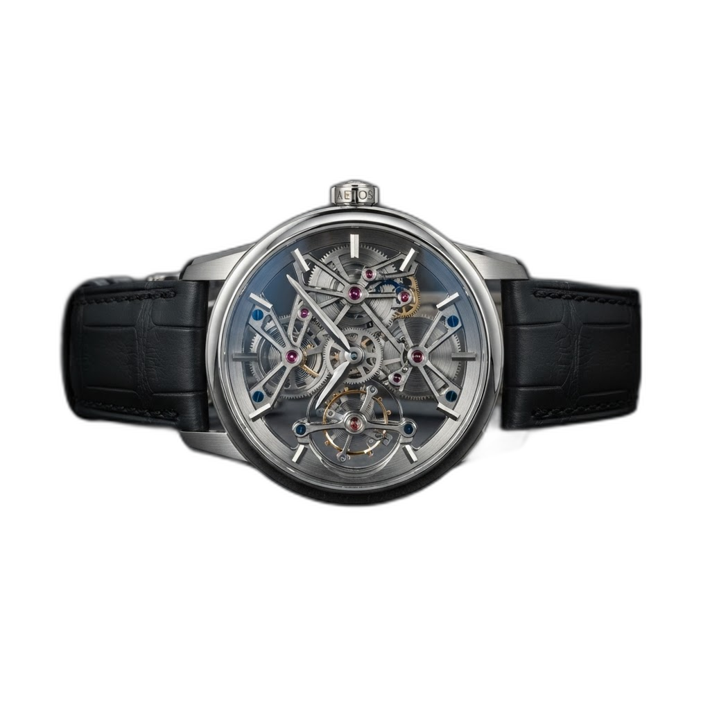 Skeleton tourbillon luxury watch with exposed mechanical movement in a platinum case